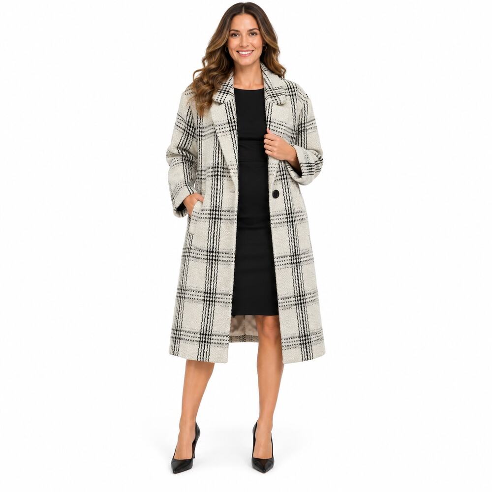 Vince Camuto Womens Plaid Boucle Coat Small Ivory Black Relaxed Fit Winter Chic